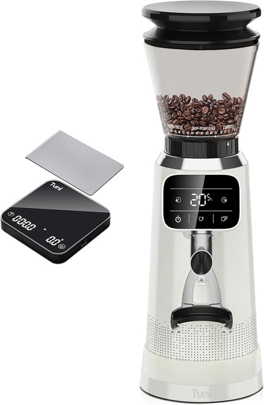 Tuni G2 Ivory Conical Burr Coffee Grinder with Black Digital Coffee Scale, 70 Grind Settings Anti-static Coffee Bean Grinder for Espresso/Drip/Cold Brew/French Press