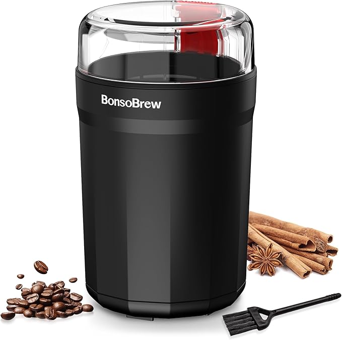 Electric Coffee Grinder, 180W Coffee and Spice Grinder for Coffee Beans, Herbs, Grains, Seeds - One Touch Safety Lid with Stainless Steel Blades - 2.5oz Capacity Includes Cleaning Brush
