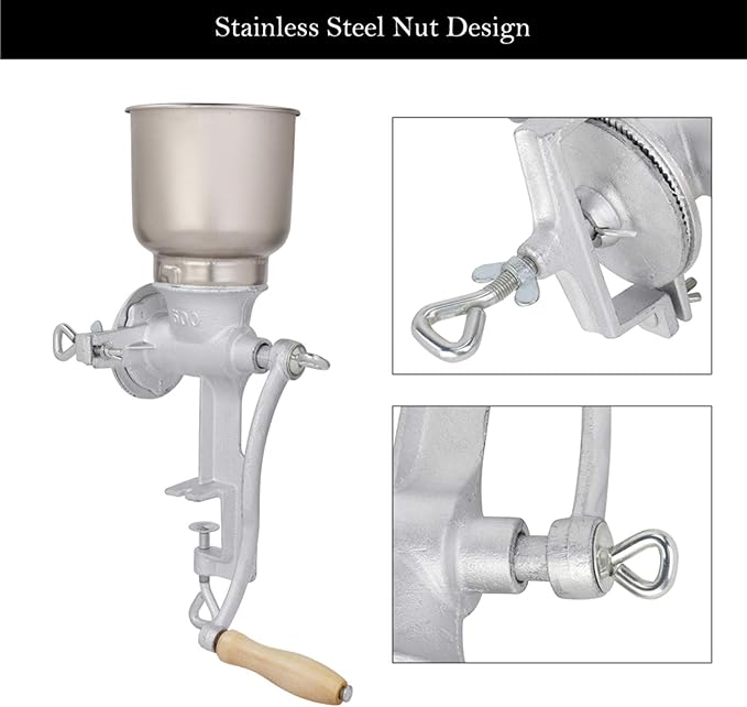 Household Manual Mill, Home Use Hand Cranking Operation Coffee Grinder, Grain Grinder, Manual Cast Iron Mill Grinder, with High Hopper, for Animals Feed, Home, Kitchen (Silver)