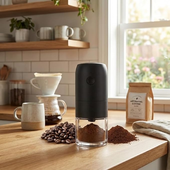 Caldwell Kitchen Portable Electric Coffee Grinder - USB Rechargeable Automatic Ceramic Burr Mill for Travel, Camping & Home - Adjustable Fine to Coarse Settings - Black