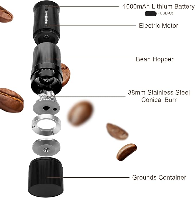 Portable Electric Coffee Grinder – Rechargeable Coffee Bean Grinder with Stainless Steel Conical Burr for Travel, Camping – External Adjustable Settings for Espresso, Pour Over & French Press