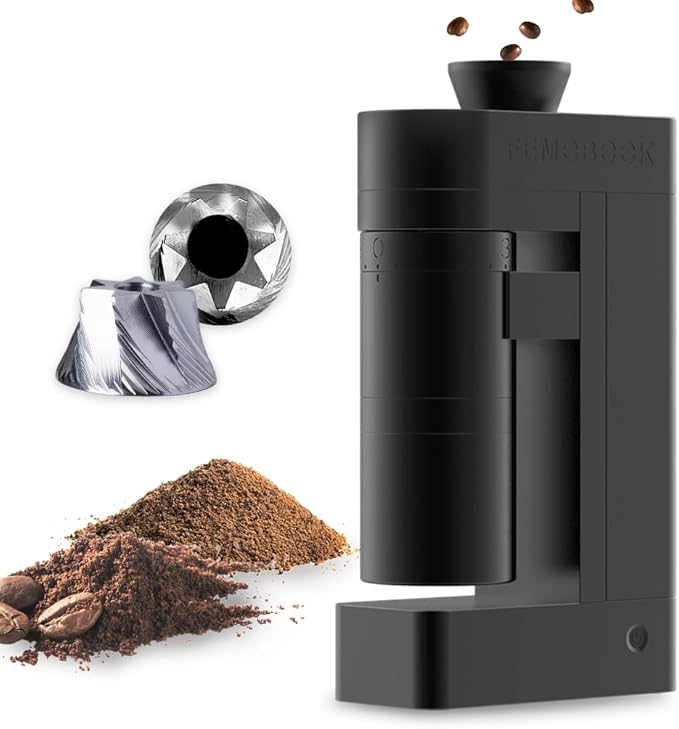Femobook-A5 Electric Burr Coffee Grinder Battery Version, Cordless USB Rechargeable Single Dose Grinder with Replaceable Batteries, 53mm Stainless Steel Conical Burr, for Espresso & Pour Over, Black
