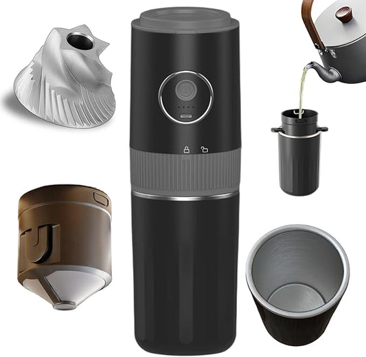 Portable All-in-one Electric Burr Coffee Grinder and Brewing Kit, Rechargeable with Conical Mill & Insulated Stainless Steel Cup, for Camping, Travel, Office, Home Use (Black)