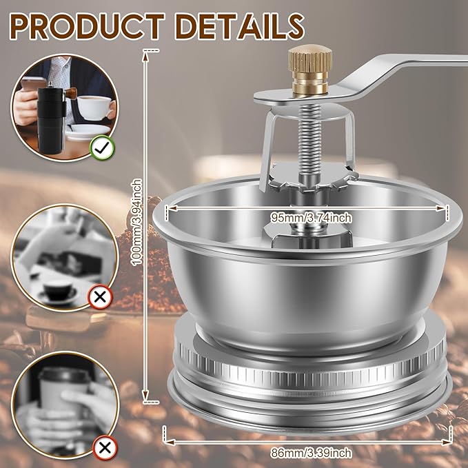 Mason Jar Coffee Grinder Coffee Hand Grinder for Espresso Manual Coffee Bean Grinder for Wide Mouth Mason Jars Conical Burr Coffee Bean Mil Ideal for Camping, Home Barista (86mm)