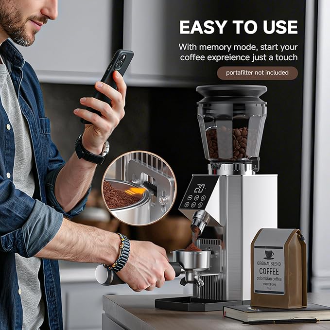 Burr Coffee Bean Grinder for Home Use with 45 Precise Grinding Settings, Espresso Grinder with Height Adjustable Funnel Stand, LED Touch Panel, Anti-static Design, Micro Switch User Friendly