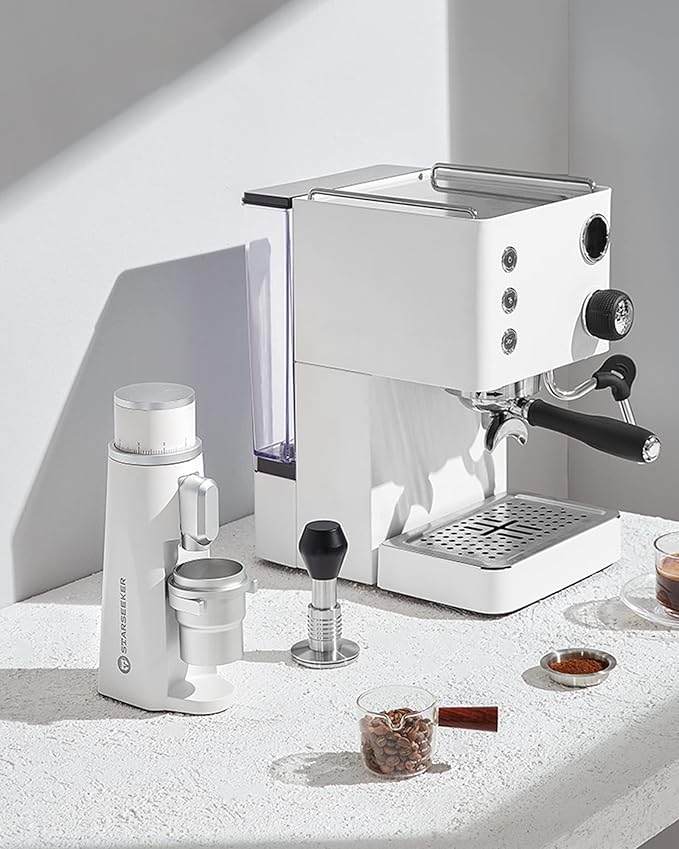 STARSEEKER EDGE Plasma Electric Coffee Grinder Aluminum Automatic Coffee Bean Grinder for French Press Drip Coffee and Espresso Removable Fineness Adjustment Magnetic Suction Port with Cup (White)
