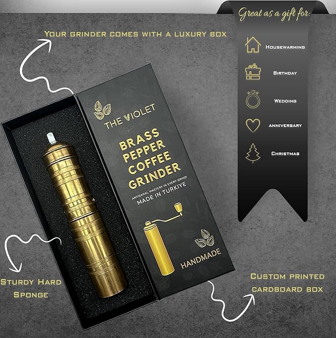 Handmade Brass 9 Inch Manual Coffee Grinder Large Pepper Mill With Handle Proper For Fresh Coffee Bean Peppercorn Grinder Brass Handle Crank With Giant Fine Refillable Grind For Flavor Turkish Style