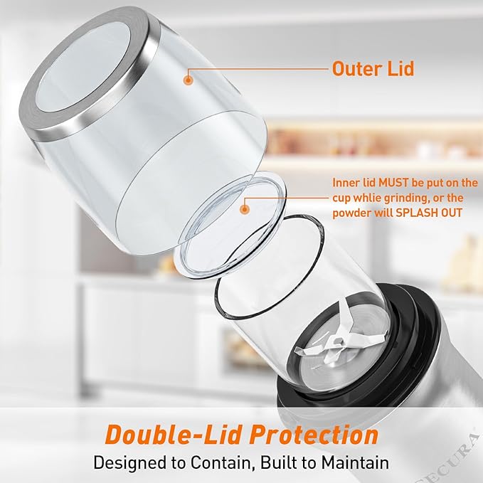 Secura Coffee Grinder Electric, Spice Grinder, Dual Glass Bowls for Wet & Dry Grinding