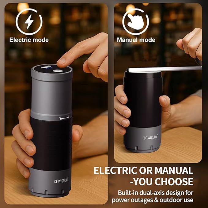 Portable Electric Coffee Grinder, Conical Burr Coffee Grinder – Dual Mode Manual & Electric Grinder Manual with Adjustable Grind Settings, Hand Bean Grinder for RV, Hiking, Office