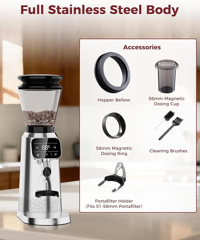Tuni G2 Silver Conical Burr Coffee Grinder with Black Digital Coffee Scale, 70 Grind Settings Anti-static Burr Mill for Espresso/Drip/Cold Brew/French Press