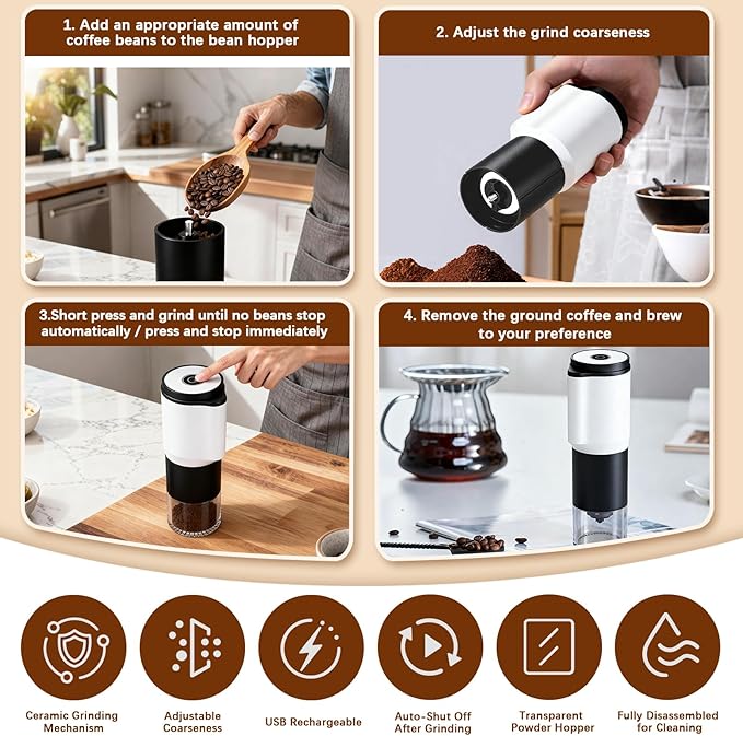 Portable Electric Coffee Grinder,Features a Built-in 1300mAh Rechargeable Battery, Adjustable Grind Settings for Coffee Beans/Grains,Portable Coffee Grinder for Home,Camping and Travel Use