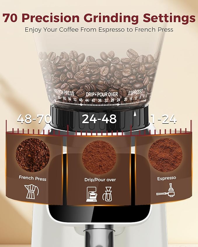 Tuni G2 Ivory Conical Burr Coffee Grinder with White Digital Coffee Scale, 70 Grind Settings Anti-static Coffee Bean Grinder for Espresso/Drip/Cold Brew/French Press