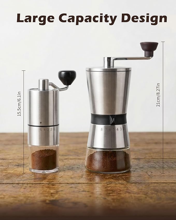 4cups Large Capacity Manual Coffee Grinder with Handle Crank, Conical Ceramic Burr Mill, Adjustable Grind Settings, Glass Jar, Handheld Coffeegrinder for Home Use,Travel, Camping, Quiet and Portable