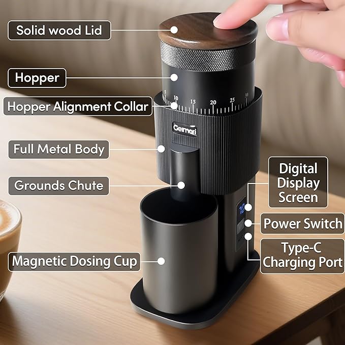 Portable Electric Burr Coffee Grinder,Wirsh Geimori T38 with 3600mAh Battery& Stepless Adjustment for Espresso,Pour Over,French Press, Single Dose, Fast USB-C Charging, Travel & Home Use