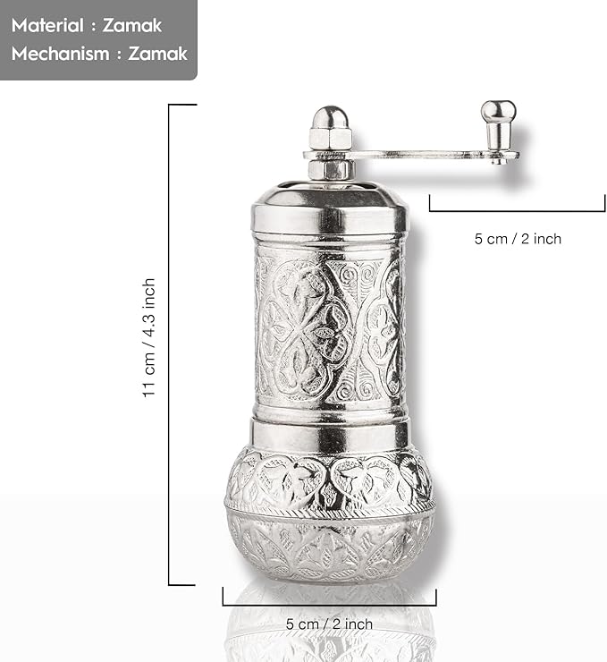 Handmade Decorative Black Pepper Grinder, Refillable Turkish Spice Mill Manual Pepper Mill with Handle, Spice Grinder Metal with Hand Crank 11 cm-4.3 inch (Silver)
