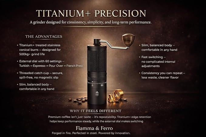 FIAMMA & FERRO Professional Manual Coffee Grinder - Titanium Enhanced 38mm Conical Burrs, 60 Precision Settings, Stainless Steel Construction - 500kg+ Grind life