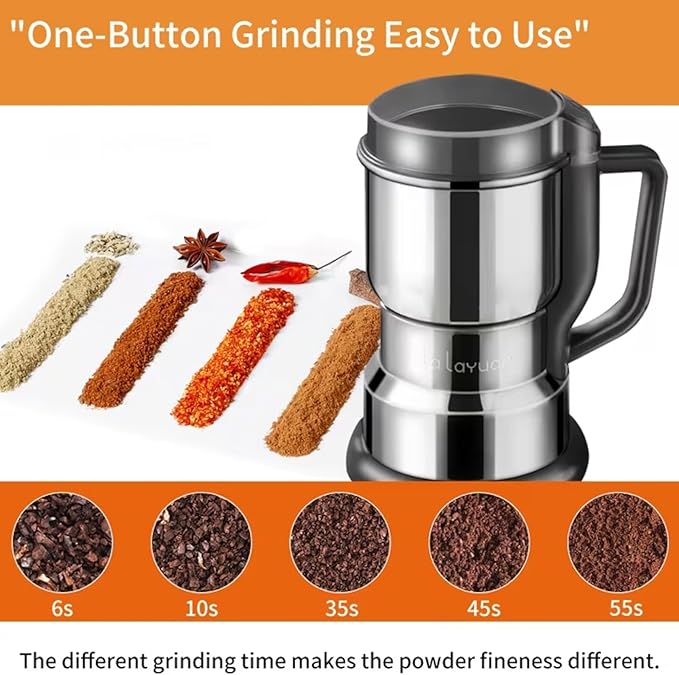 Lalayuan Electric Coffee Grinder, Stainless Steel, One-Button Operation, Spice and Coffee Bean Grinder