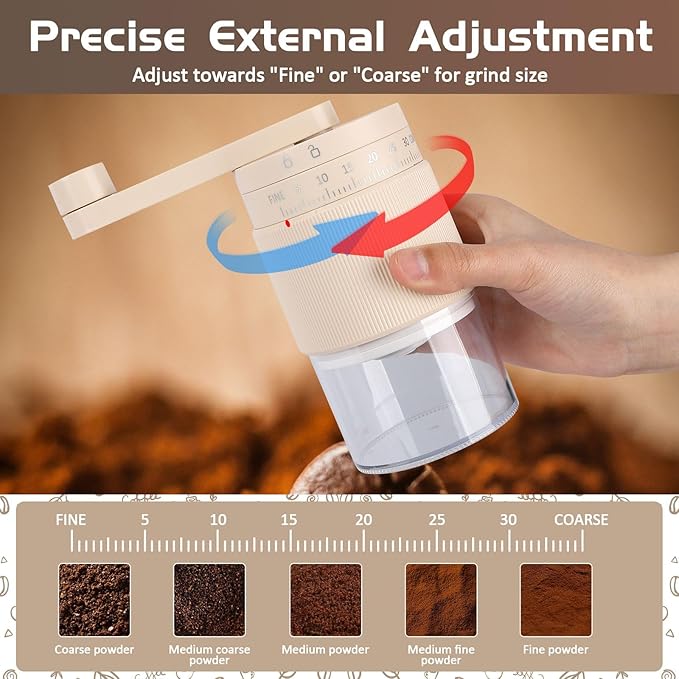 Manual Coffee Grinder - 95 Ceramic Burr, Adjustable Coarse to Fine, 30g Beans & 80ml Powder, Detachable Handle for Espresso, French Press, Camping (Pink)