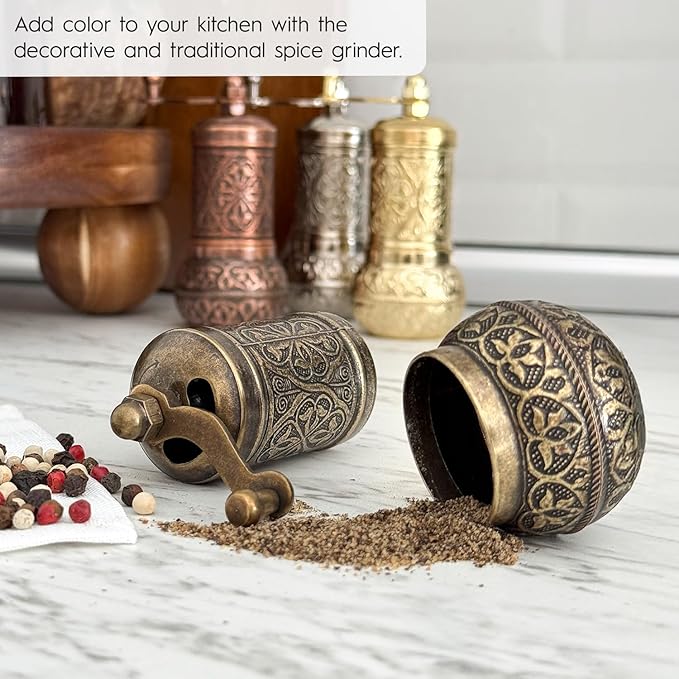 Handmade Decorative Black Pepper Grinder, Refillable Turkish Spice Mill Manual Pepper Mill with Handle, Spice Grinder Metal with Hand Crank 11 cm-4.3 inch (Mat Gold)