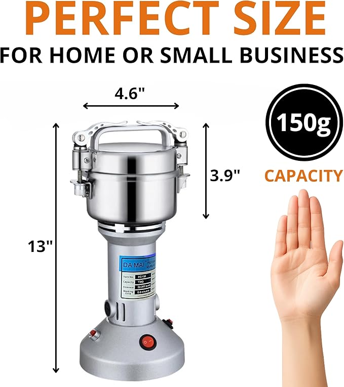 High Speed Electric Grain Mill Grinder – Silver 150g Capacity Flour Grinder with 304 Stainless Steel Blades and Accessories Compact Automatic Grain Mill for Flour Nuts Spices Coffee Herbs