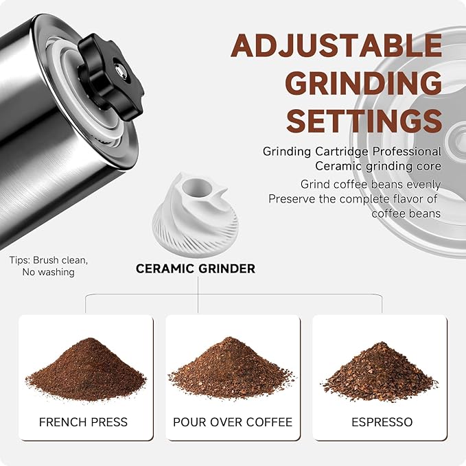 Manual Stainless Steel Coffee Grinder, Portable Conical Burr Hand Crank Grinder for Espresso, Pour Over, French Press & Camping, Quiet Adjustable Grind, Detachable Handle, Travel-Friendly