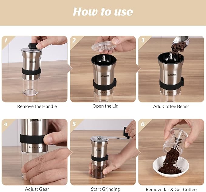 Manual Coffee Grinder, Portable Stainless Steel Hand Crank, 6 Coarseness Settings, Burr Coffee Grinder with Ceramic Burrs, Perfect for Families, Camping