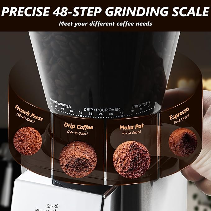 Conical Burr Coffee Grinder Electric, Espresso Coffee Bean Grinder for Home Use with 48 Precise Grind Settings, Anti-static Design, Precision Timer, Sliver