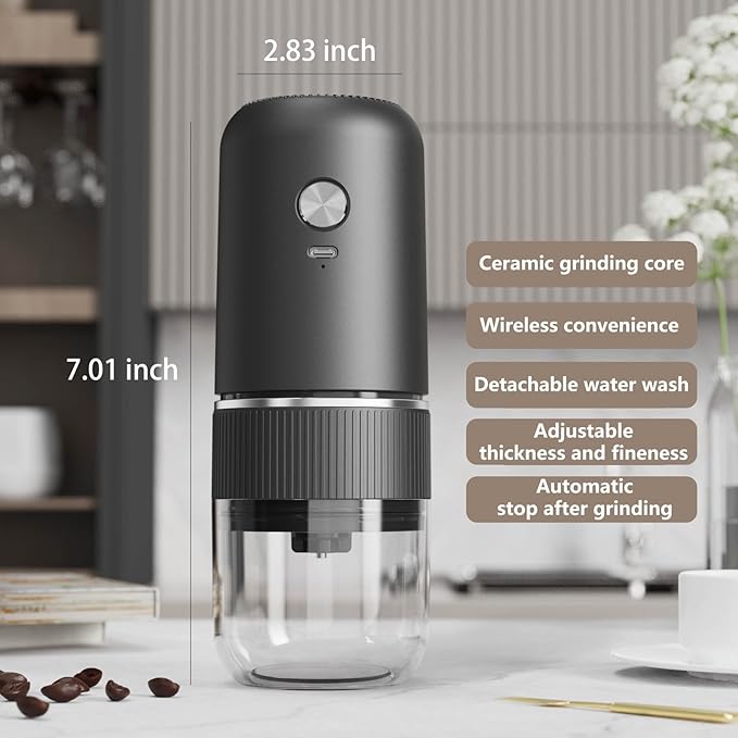 Electric Coffee Grinder Rechargeable Mini Coffee Grinder Adjustable Coarse to Fine for Coffee Beans, Spices, Herbs, Portable for Travel, Camping (black)