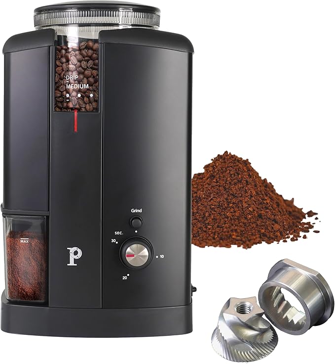 PALICO Aroma Coffee Grinder - 48mm Stainless Steel Conical Burrs, 17 micro-adjustable grind settings, 250g Bean Hopper Capacity, removable burrs & hopper, low RPM motor (Matt Black)