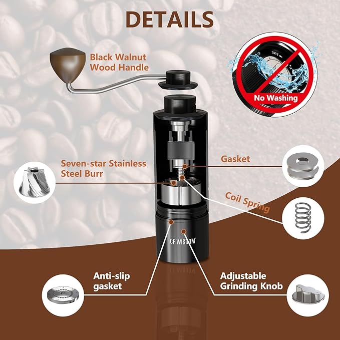 Espresso Manual Burr Coffee Grinder – CNC Stainless Steel Conical Burrs, Dual Bearings, Precision Adjustable Hand Grinder, Portable Travel Coffee Bean Grinder