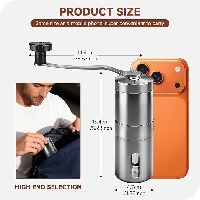 Manual Stainless Steel Coffee Grinder, Portable Conical Burr Hand Crank Grinder for Espresso, Pour Over, French Press & Camping, Quiet Adjustable Grind, Detachable Handle, Travel-Friendly
