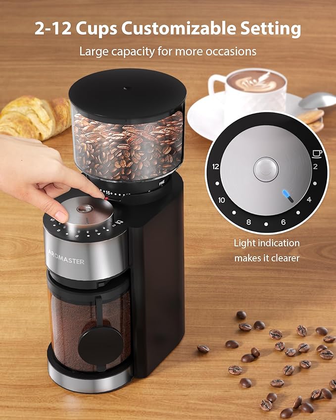 Aromaster Coffee Grinder, Coffee Bean Grinder with 25 Grind Setting, 2-12 Cups Timer, Conical Coffee Grinders for Home Use, Cleaning Brush, 3-Ears Portafilter Holder
