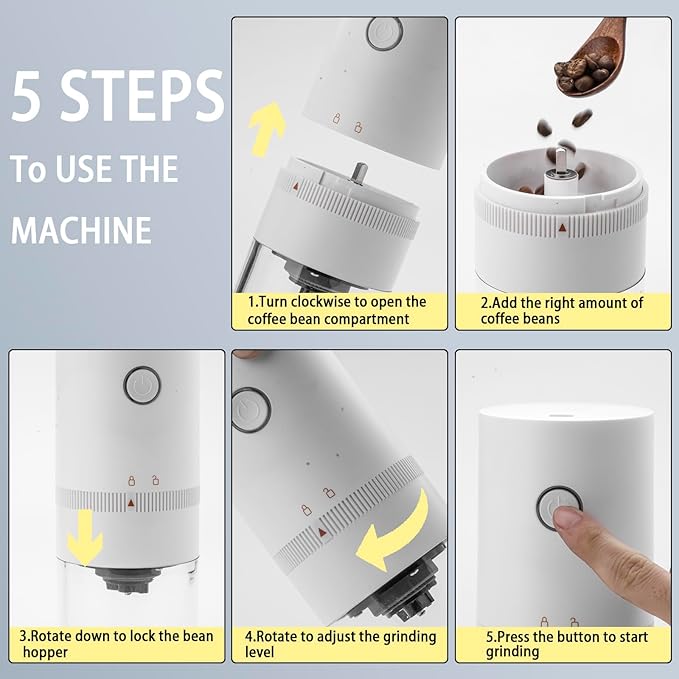 Coffee Grinder USB Rechargeable Electric Burr Coffee Grinder for Espresso, French Press, Travel, Camping (White)