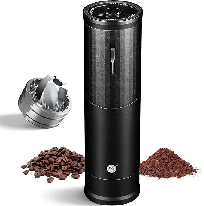 Electric Coffee Grinders, Portable Burr Grinder Capacity 50g w/Magnetic Cover,External Adjustable Setting, Aluminum Alloy Body, 800mAh Battery(Stand not Included) (Black)