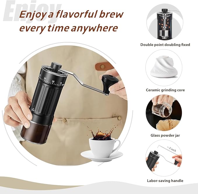 Manual Coffee Grinder with 40 External Adjustments, 30g Capacity Hand-Crank Bean Mill, Compact Conical Burr Grinder for Espresso, Pour Over, French Press, Travel/Camping/Office