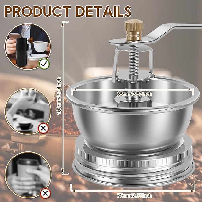 Mason Jar Coffee Grinder with Crank Handle, Manual Coffee Grinder Lid Attachment for Wide Mouth Mason Jars, Stainless Steel Coffee Grinder Lid for Camping & Home Barista (70mm)