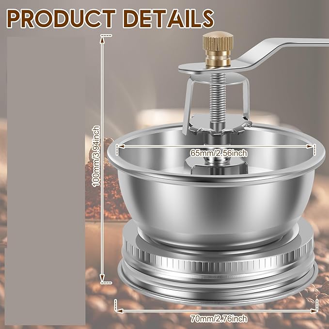Mason Jar Coffee Grinder with Crank Handle, Manual Coffee Grinder Lid Attachment for Wide Mouth Mason Jars, Hand Coffee Bean Grinder, Stainless Steel Crank Burr Grinder (70mm)