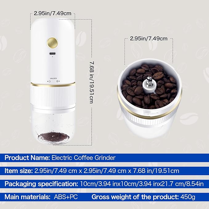 Portable Burr Coffee Grinder, Rechargeable Electric Coffee Bean Grinder with Adjustable Coarseness, Cordless Small Espresso Coffee Mill for Home Use, Travel, Camping, Office (White)