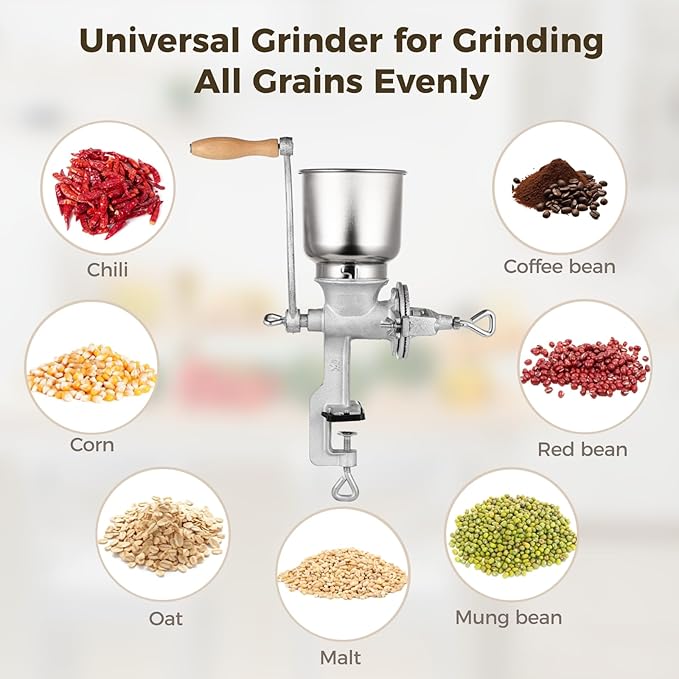 High Hopper Corn Grinder,Cast Iron Grain Grinder Manual Coffee Grinder,Mill-Heavy Duty Hand Grinder with Large Hopper for Barley Wheat Berries Coffee Chickpeas Pepper Dried Beans,Corn and Flours