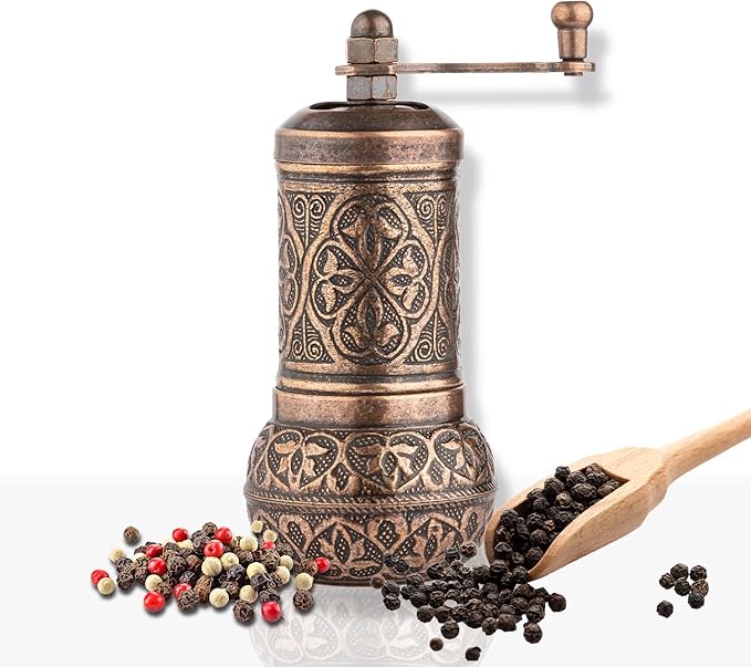 Handmade Decorative Black Pepper Grinder, Refillable Turkish Spice Mill Manual Pepper Mill with Handle, Spice Grinder Metal with Hand Crank 11 cm-4.3 inch