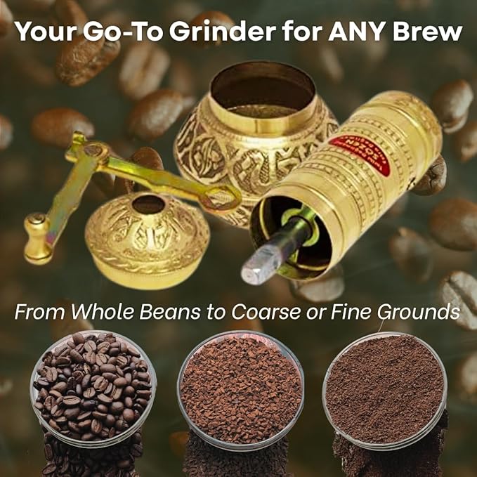Sozen 7.6" Hammered Manual Coffee Grinder Brass – Hand Crank Burr Mill for Turkish Coffee, French Press, Espresso, Camping & Home Use – Portable Coffee Bean Grinder, Adjustable Conical Grinder