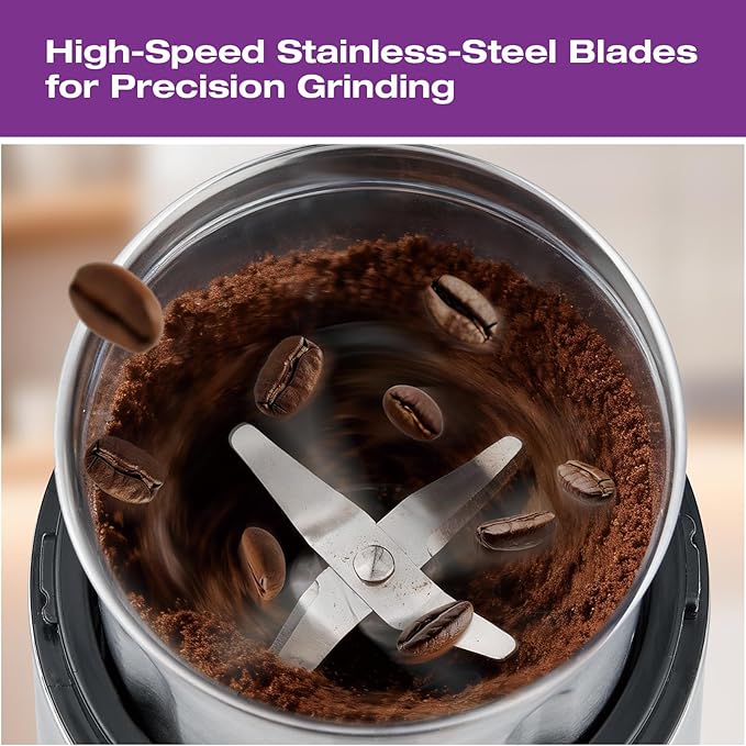 Salton Stainless Steel Smart Coffee Grinder, Electric Blade for Ground Coffee, Spices, Herbs, Nuts with Stainless Steel Blade, 80g/12 cup capacity (CG2123)