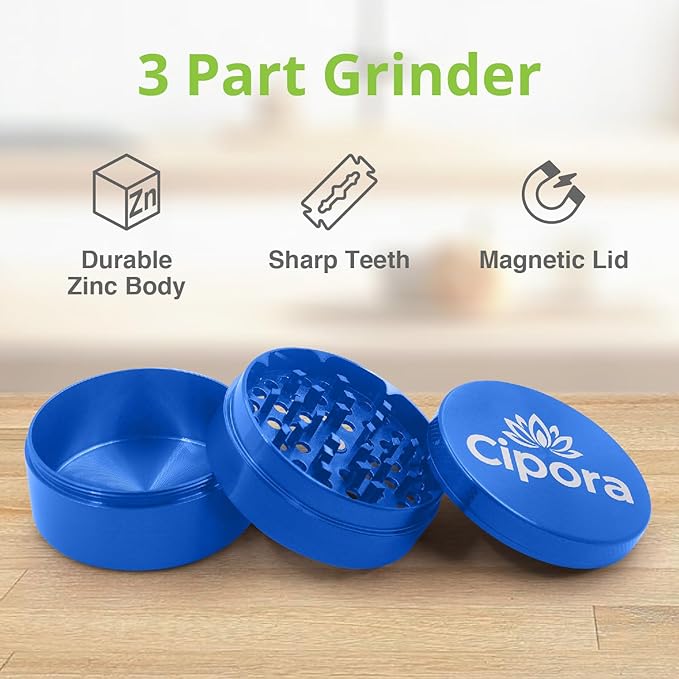 2.5" Manual 3-Piece Zinc Grinder with Large Bottom Chamber (Blue)
