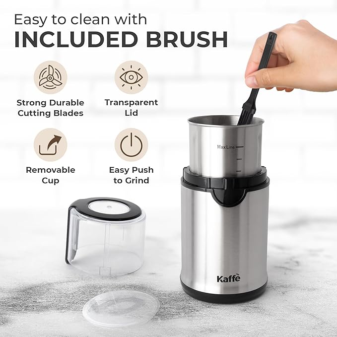 Kaffe Electric Coffee Grinder with Removable Cup (3.5oz) - Stainless Steel - Cleaning Brush Included - Espresso Coffee Bean Grinder for Home Use