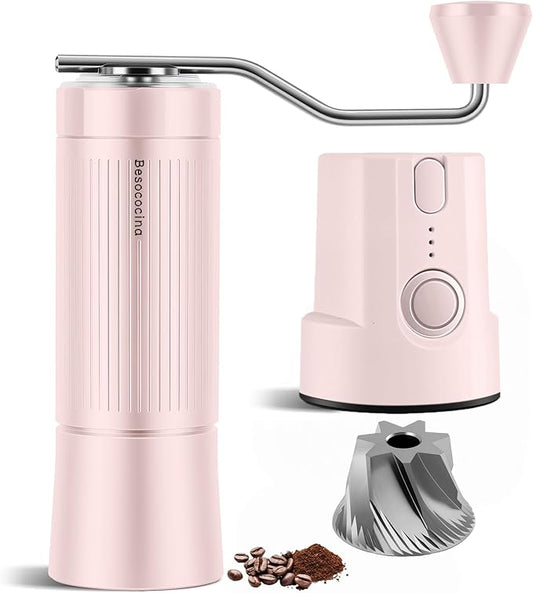Burr Coffee Grinder 2-in-1 Manual/Electric, 40mm Stainless Steel Conical Burr Coffee Bean Grinder, USB Rechargeable Home Use, 16 Grind Levels for Espresso/Drip/French Press/Mocha (Pink)