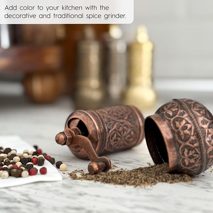 Handmade Decorative Black Pepper Grinder, Refillable Turkish Spice Mill Manual Pepper Mill with Handle, Spice Grinder Metal with Hand Crank 11 cm-4.3 inch