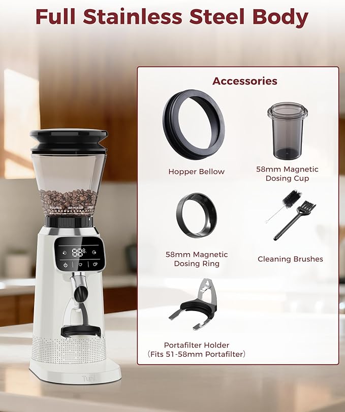Tuni G2 Ivory Conical Burr Coffee Grinder with White Digital Coffee Scale, 70 Grind Settings Anti-static Coffee Bean Grinder for Espresso/Drip/Cold Brew/French Press