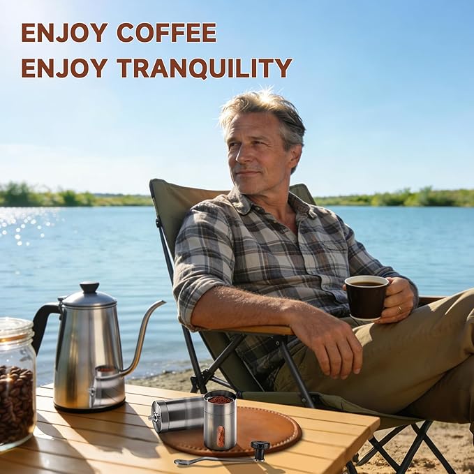 Manual Stainless Steel Coffee Grinder, Portable Conical Burr Hand Crank Grinder for Espresso, Pour Over, French Press & Camping, Quiet Adjustable Grind, Detachable Handle, Travel-Friendly