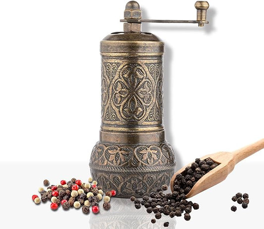 Handmade Decorative Black Pepper Grinder, Refillable Turkish Spice Mill Manual Pepper Mill with Handle, Spice Grinder Metal with Hand Crank 11 cm-4.3 inch (Mat Gold)