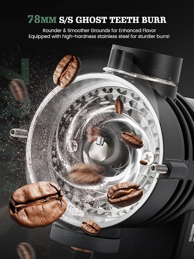 Huanyu 78mm Stainless Steel Ghost Teeth Burr Coffee Grinder Electric - Light-Shielding Hopper for Home Pour Over Coffee, Black